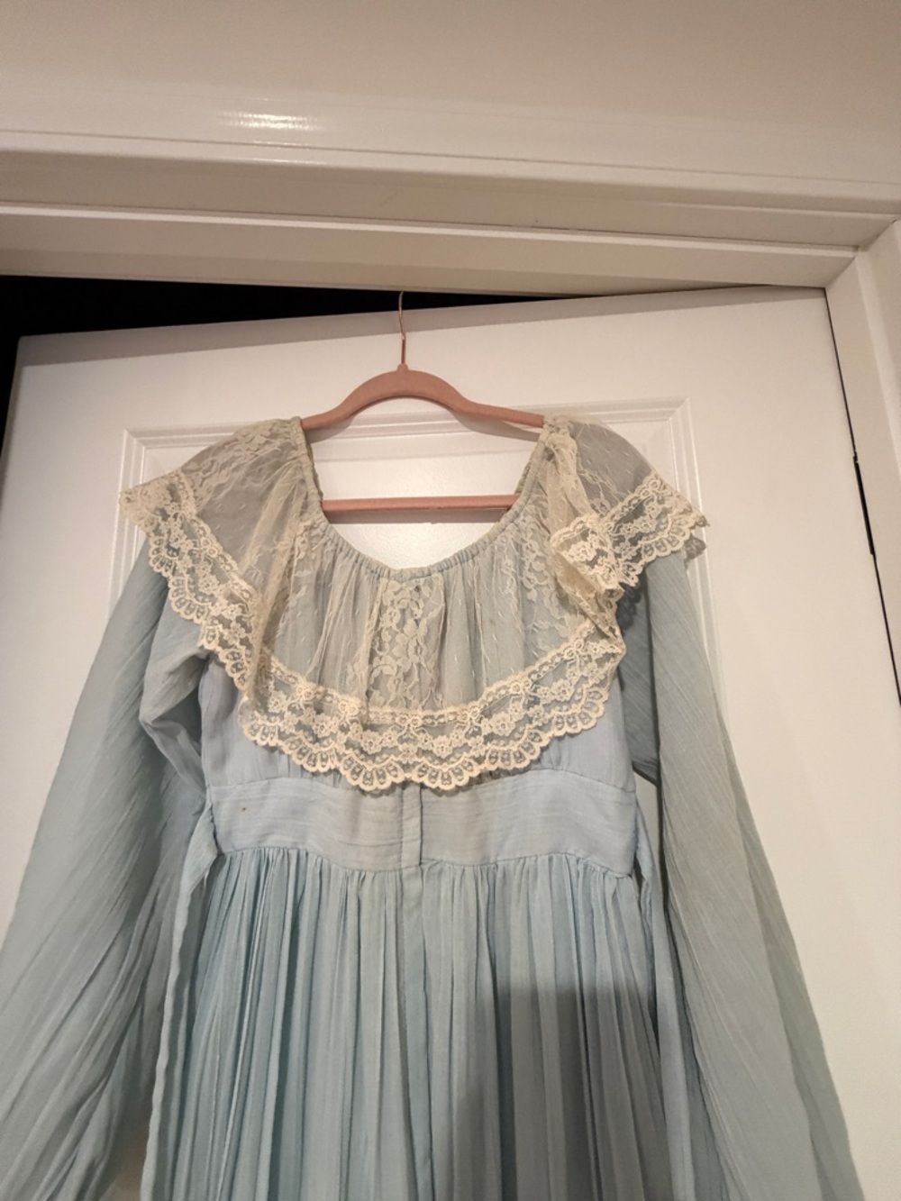 Gunne Sax VINTAGE Light Blue gauze lace maxi prairie dress hippie wedding hobo - Picture 13 of 16